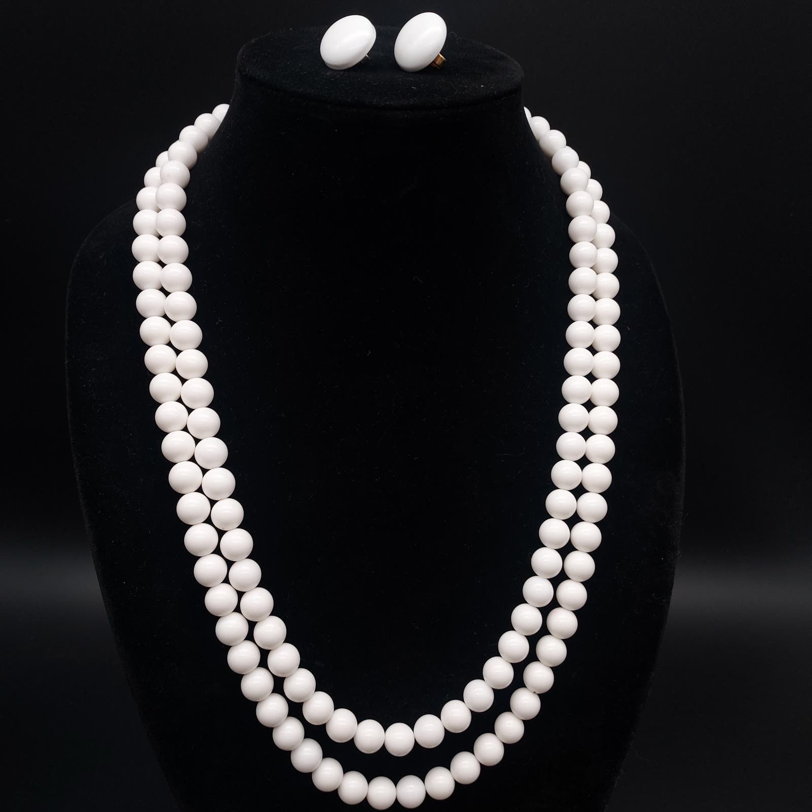 Richelieu White Beaded Two Strand Necklace And Earrings Set Vintage Costume